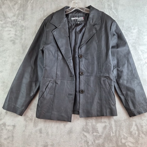 Jackets & Blazers - Serge Platini Blazer Jacket Small Black Genuine Leather 2 Buttons Sport‎ Coat